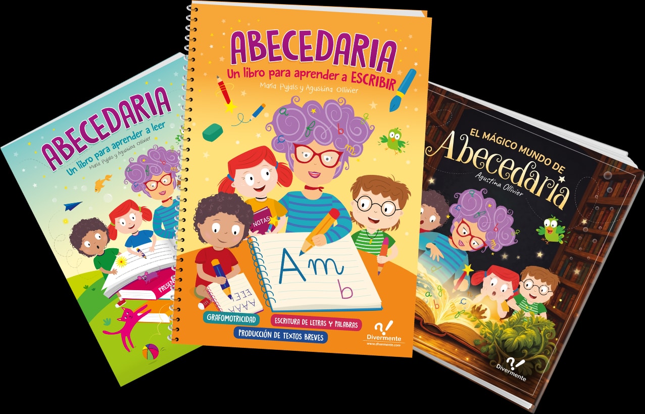 Los tres libros: Abecedaria para aprender a leer, Abecedaria para aprender a escribir y El mágico mundo de Abecedaria