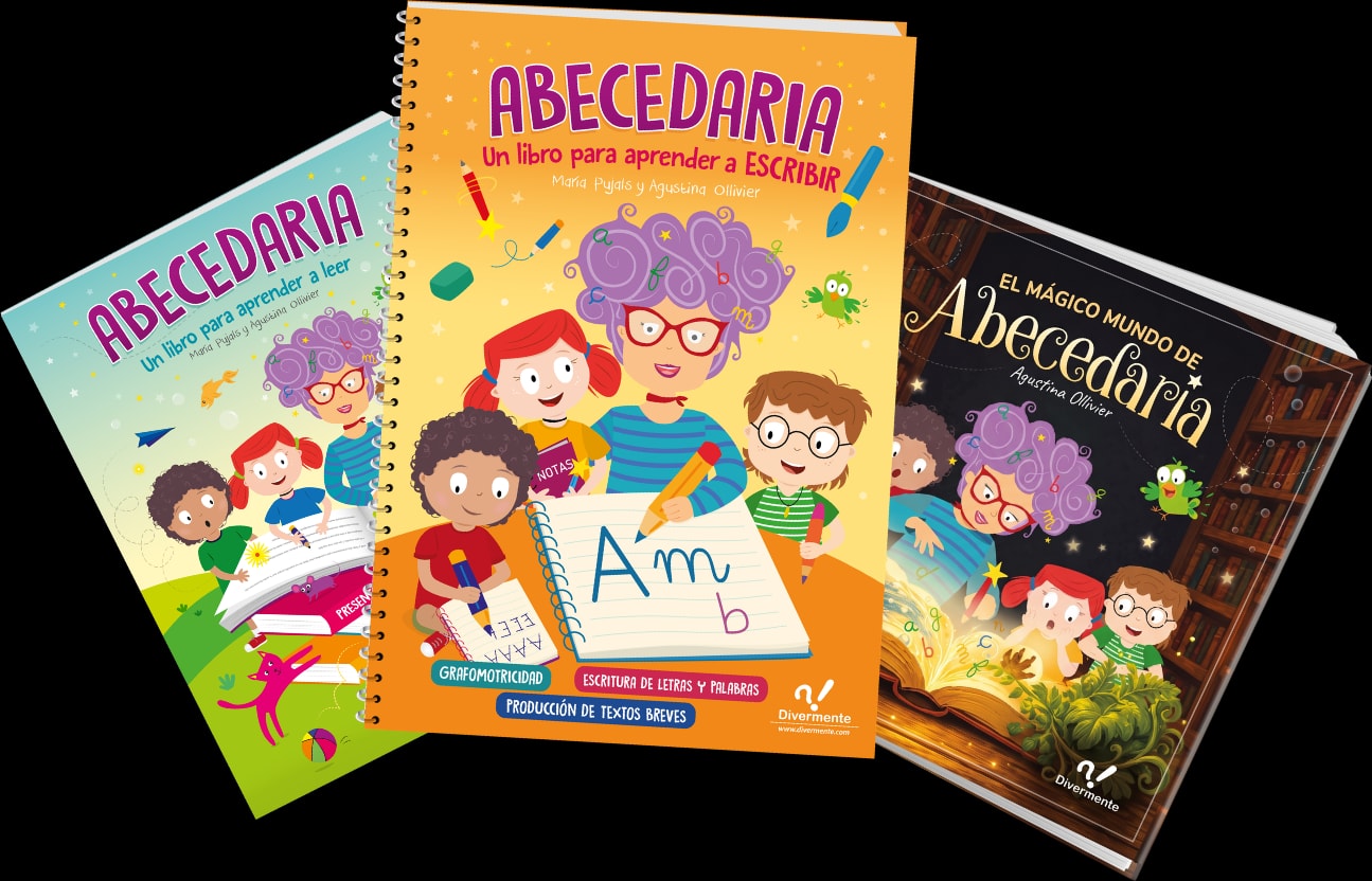 Los tres libros del pack: Abecedaria de lectura, Abecedaria de escritura y El mágico mundo de Abecedaria